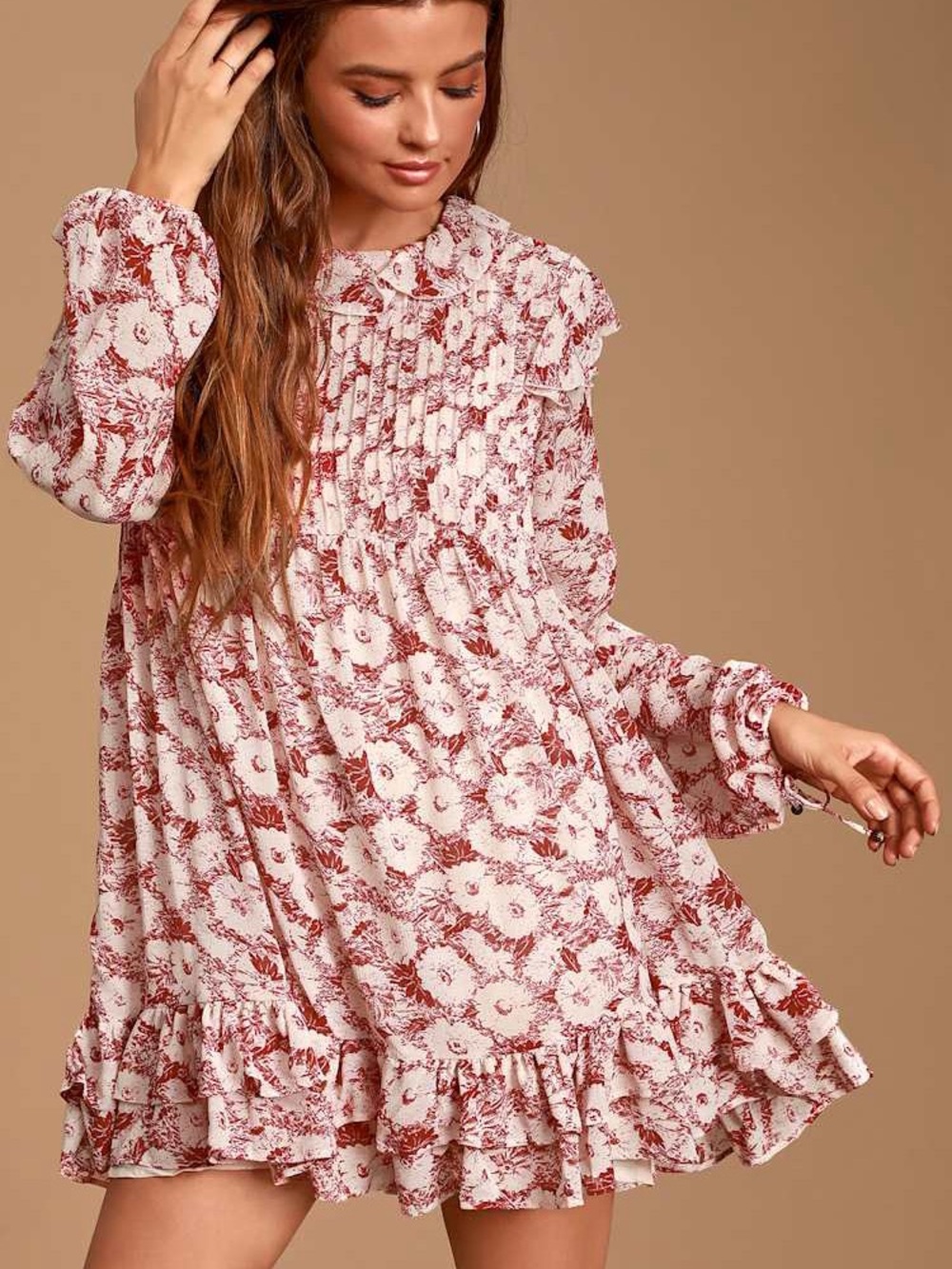 Free People These Dreams Long Sleeve Mini Dress- Tea Combo